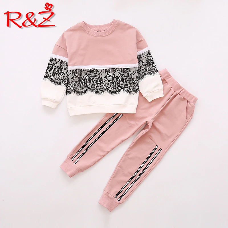 

R&Z children's suit 2019 spring new girls round neck sweater lace stitching sweatpants two-piece large children's suit