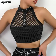 Rapwriter Backless Hollow Out Net Patchwork Sexy Women Transparent Top Party Summer 2019 New Summer Sleeveless Halter Crop Tops
