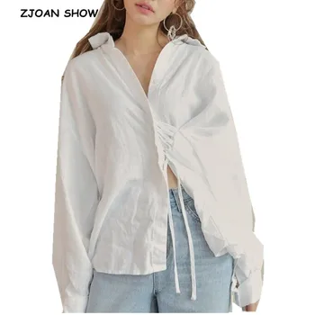 

Retro Chic Turn Down Collar Loose Cross Lacing Up Waist White Shirt Sweet Women Solid Color Long Sleeve Blouse Tops blusas