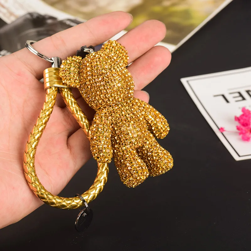 

Luxury Handmade All Rhinestone Crystal Gloomy Bears Key Chains Leather Strap Bomgom Bear Key Rings Holder Car Keychains Pendant