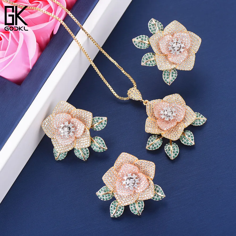 

GODKI Luxury Flower Necklace Earring Sets Cubic Zircon Crystal CZ Jewelry Set For Women Wedding Indian Dubai Bridal Jewelry Set