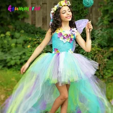 Crianças princesa flores arco-íris tutu vestido de bebê cauda longa fada traje meninas colorido vestido de baile de casamento do bebê festa tutu roupas