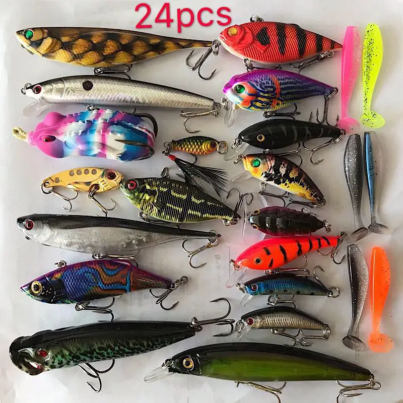 

24PCS lure vibe salmon surfac popper troll artifici jackal sea fish lure minnow crankbait tuna 24 fish Internal laser frog lure