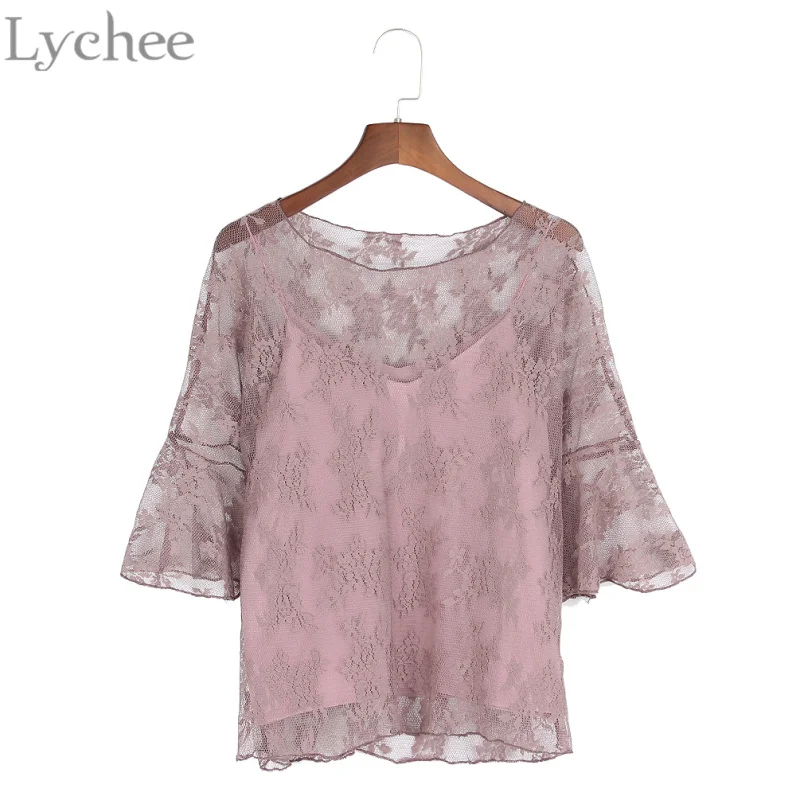 

Lychee Elegant Chic Spring Women Blouse Camis Two Pieces Lace Embroidery Chiffon Flare Sleeve Shirt