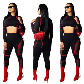 

Women Sheer Mesh Patchwork Sexy 2 Piece Outfit O Neck Crop Top And Pencil Bodycon Pants Contrast Color Two Piece Set