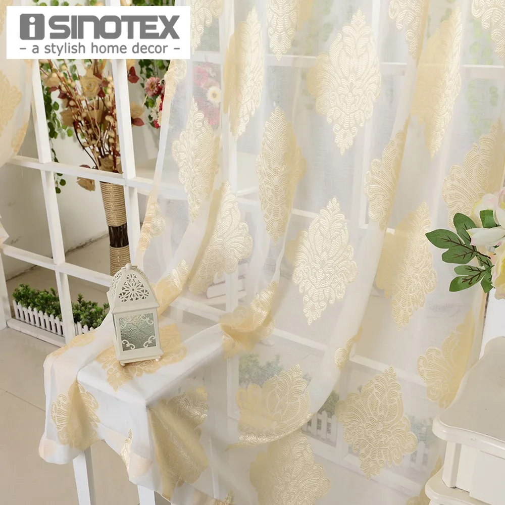 Window Curtain Yellow Floral Luxury Printed Tulle Fabric For