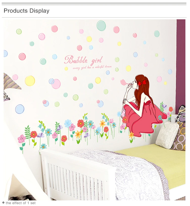 [SHIJUEHEZI] Ballet Dancer Girl Wall Stickers PVC Material DIY Flowers Bubbles Mural Decal for Kids Room Nursery Home Decoration