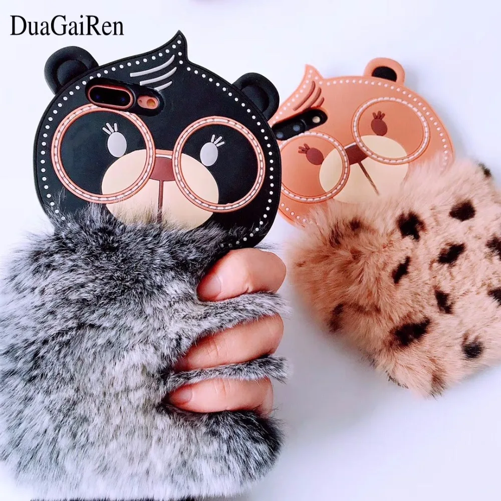 

DuaGaiRen Korea Style Cute Cartoon Silicon Rabbit Fur Bear Case for iPhone7 7plus 6 6s 6plus 6splus 8Plus X Silicone Gel Fundas
