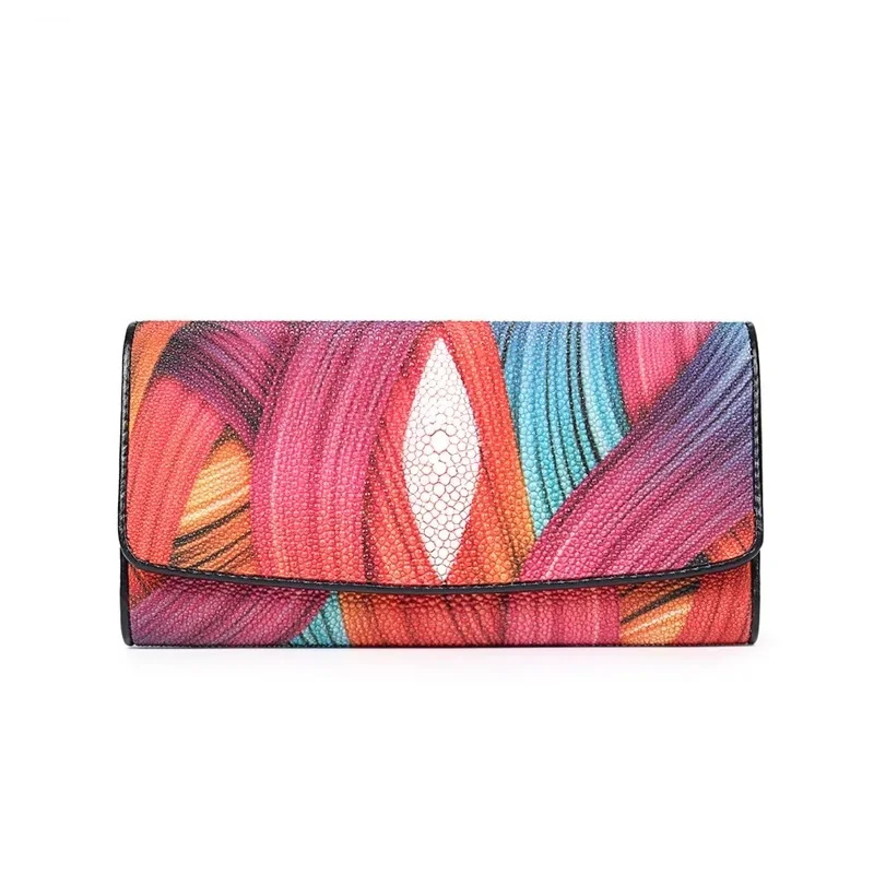 

Colorful Printing Designer Thailand Genuine Stingray Skin Women Large Card Purse Real Leather Lady Long Clutch Wallet For Female