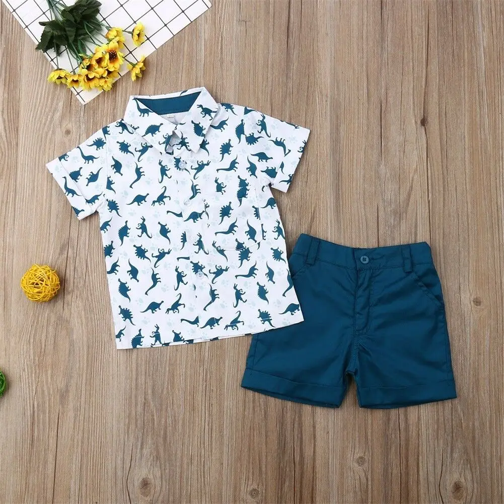 Новая летняя одежда для маленьких мальчиков футболка с динозавром Футболка Топ и шортики комплект одежды из 2 предметов