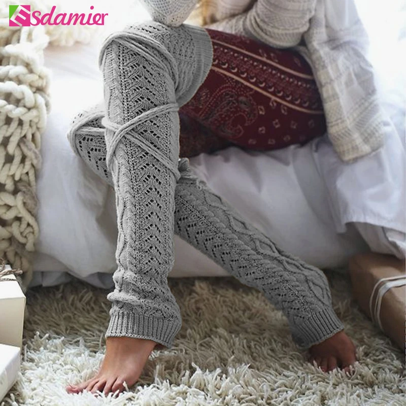 

Winter Knitted Leg Warmers Twisted Lace Up Over Knee Stockings Female Knitwear Calentadores Piernas Mujer Boot Stockings