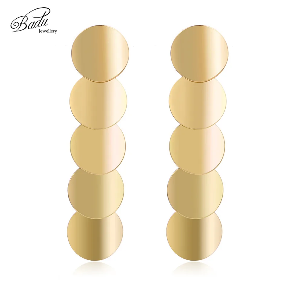 

Badu KC Gold Drop Earring Women Long Round Alloy Punk Earrings Fashion Jewelry Gift 5 Circle Sheets Layers Ear Accessories