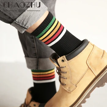 

CHAOZHU High Quality Cotton Knitting Rainbow Striped Top White Black Grey Women Men Fashion Causal Socks Brand Skateboard Socks