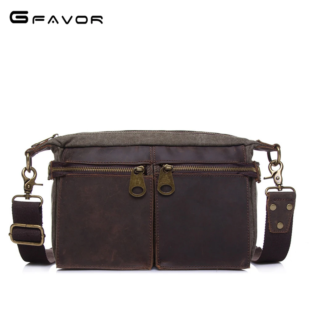 

G-FAVOR Patchwork Mens Messenger Bag Crazy Horse Leather&Canvas Crossbody Bag Vintage Flap Single Shoulder Bags Men