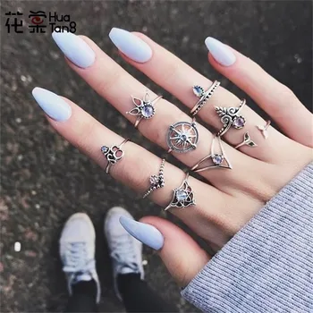 

HuaTang 9pcs Vintage Antique Gold Silver Color Star Crystal Ring Carved Knuckle Wedding Ring Set Women Party Jewelry Anillo 4256