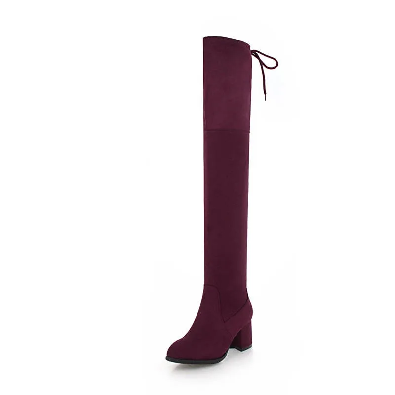 MEMUNIA/ г. Новое поступление, высокие сапоги из флока с круглым носком на осень-зиму теплые сапоги до бедра на шнуровке модная обувь на высоком квадратном каблуке - Цвет: wine red