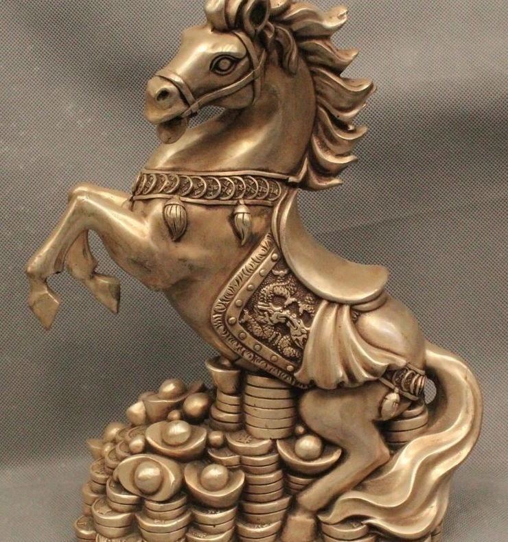 

12" Chinese Fengshui Silver Zodiac Year Horse Money drawing Wealth Statue