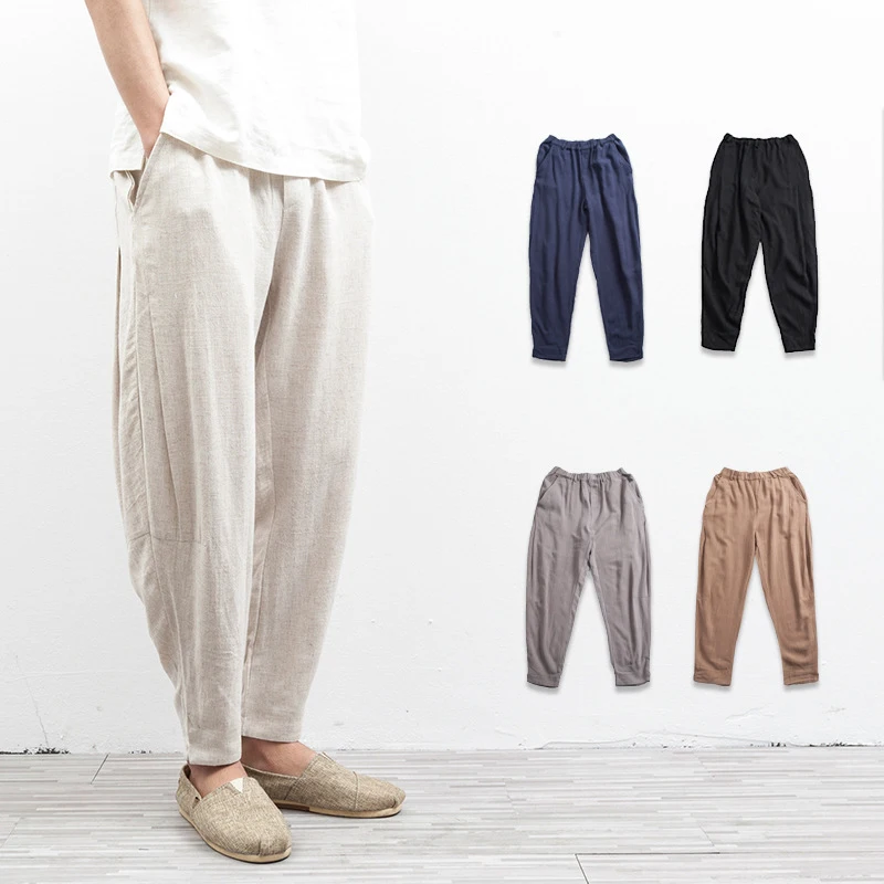 Spring and summer new Chinese men's casual versatile pants men's linen loose pants casual walking cotton feet harem pants men