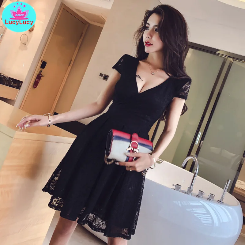 

2019 new nightclub sexy deep V low-cut temperament slim lace backless dress Zippers Lace Sleeveless