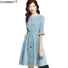 Летнее женское кружевное платье, длинное стильное платье с поясом, декоративный светильник, синее ретро платье, элегантное модное летнее Хлопковое платье