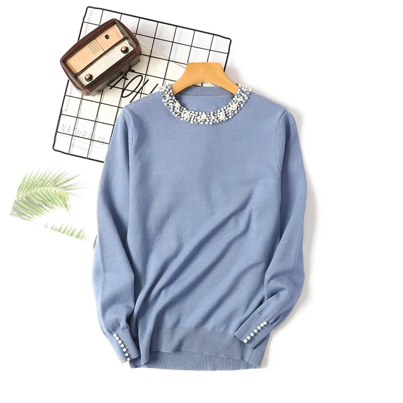 

Autumn Winter Women Beaded Sweater 2019 O-Neck elegant sweater Jumper Top Loose Casual Warm Femme Sweater knitting bottom shirt