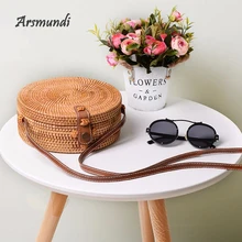 Arsmundi Women Round Shoulder Bag Mori Beach Buckle Bag Retro Literary Hand-woven Handbag Summer Woven Rattan Messenge Straw Bag dcos ins new ladies hand woven bag round rattan retro literary hand woven leather buckle package bohemia beach messenger bag