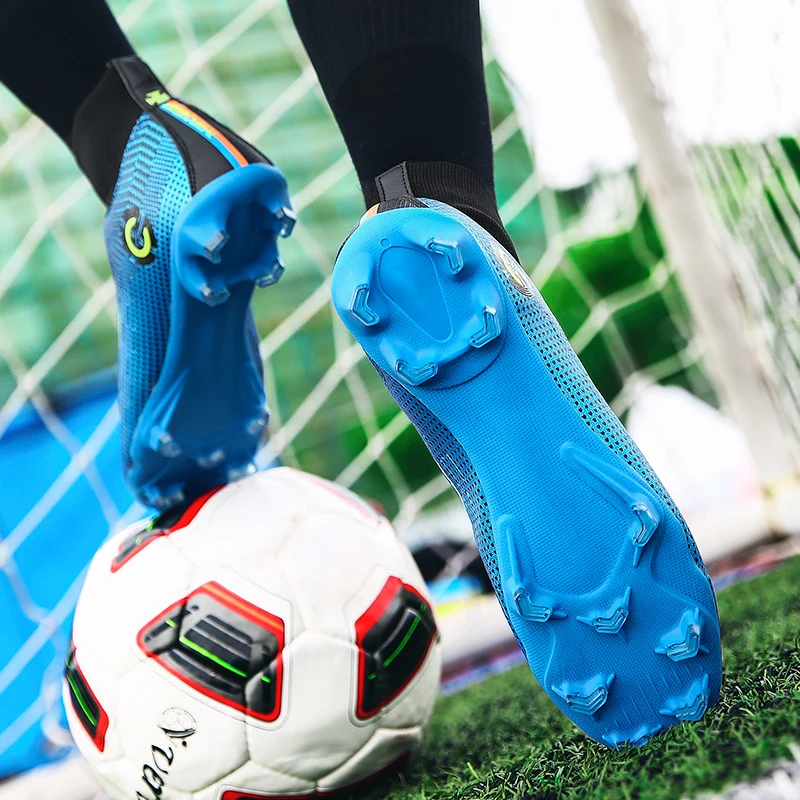 Tanie Nowi dorośli męskie odkryte buty korki piłkarskie wysokie góry TF buty piłkarskie fg sporty treningowe trampki buty Plus rozmiar 35 48