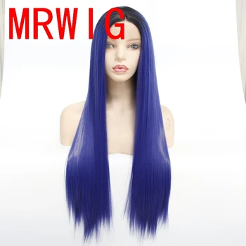 

MRWIG live hair picture ombre blue silky straight synthetic front lace wig middle part 150%320g for woman