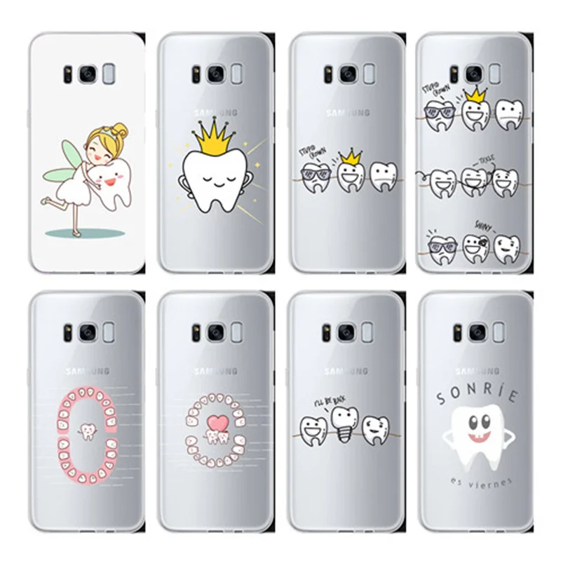 

Cute Cartoon Dentist Dental Crowned Tooth transparent Soft TPU Cover Case For Samsung Galaxy S6 S7 S8 Plus NOTE 5 8 Fundas Coque
