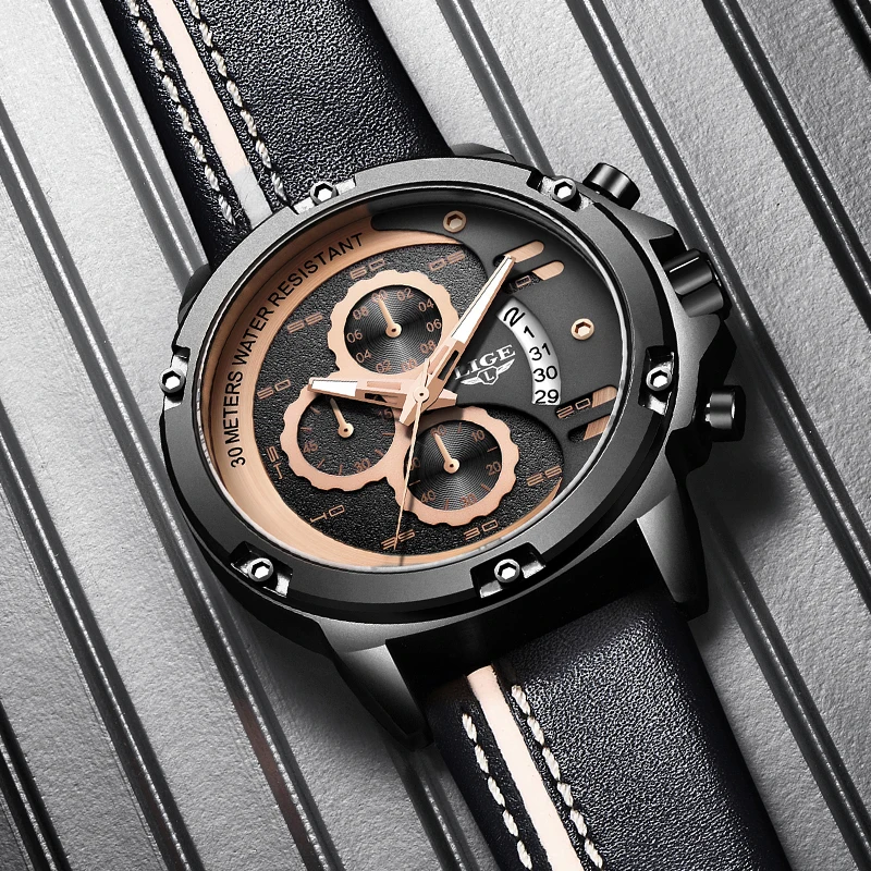 2019 Mens Watches LIGE Top Brand Luxury Men's Military Sports Watch Men Casual Leather Waterproof Quartz Watch Relogio Masculino
