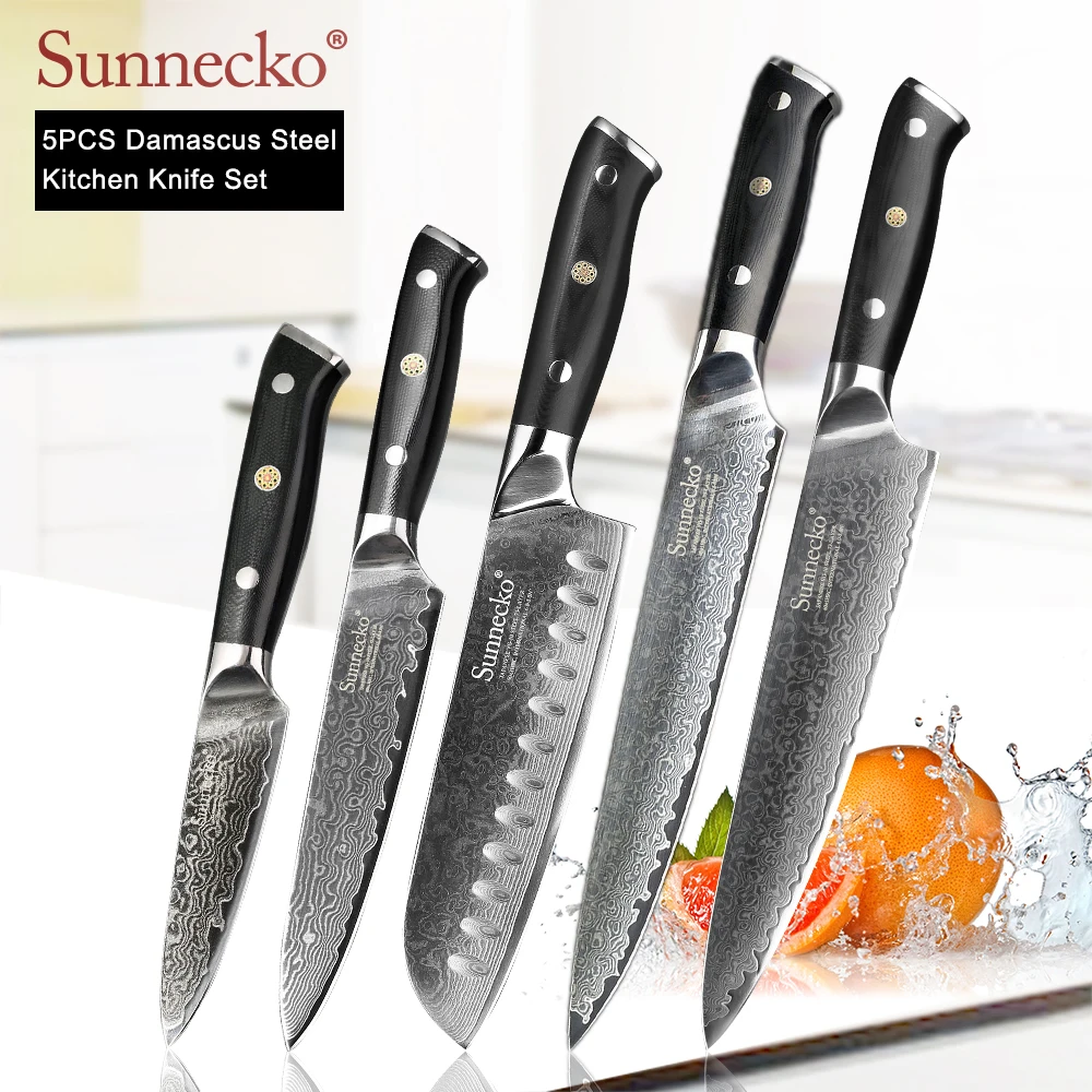 

SUNNECKO 5PCS Kitchen Knives Set Japanese VG10 Damascus Steel Chef Utility Santoku Slicer Paring Knife G10 Handle Cooking Tools
