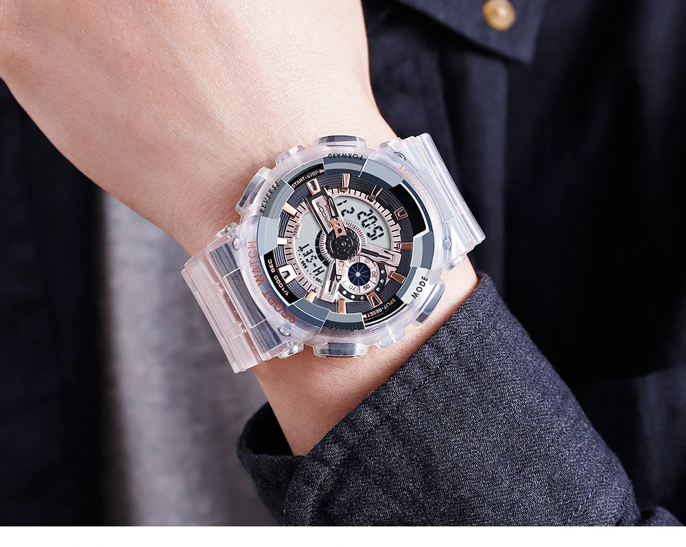 Sanda новая пара часов водонепроницаемые электронные часы для мужчин и женщин движение прозрачная полоса ins супер часы тренд