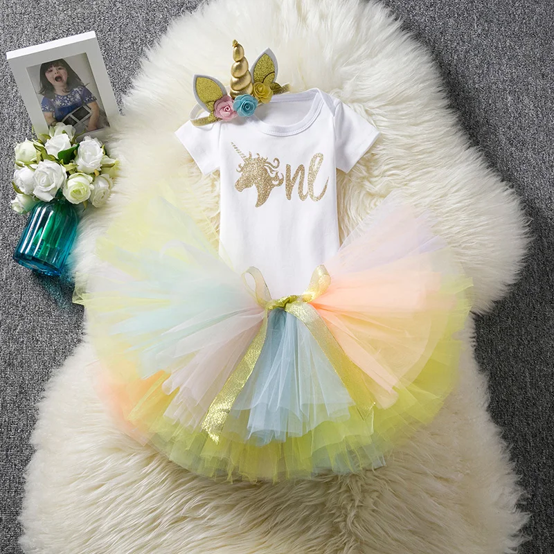 Радужное платье-пачка для новорожденных детей; одежда с рисунком единорога; Летние вечерние платья для малышей; Свадебный костюм; 12 месяцев