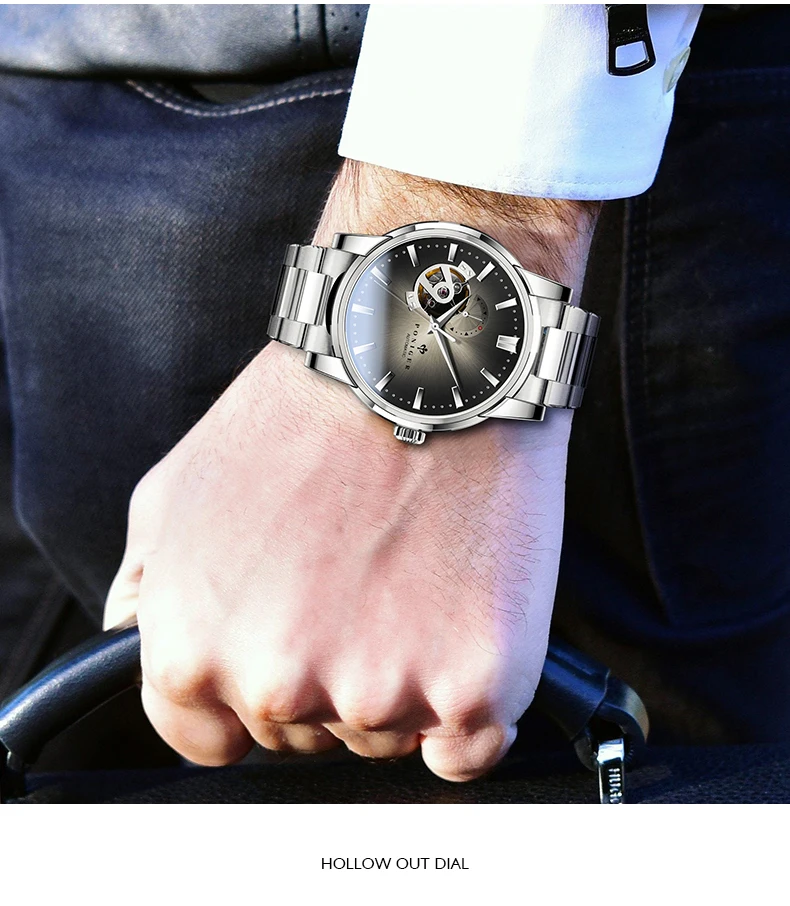 PONIGER мужские бизнес 50 м водонепроницаемые Модные полые циферблат Автоматические самовзводные механические наручные часы-кожа