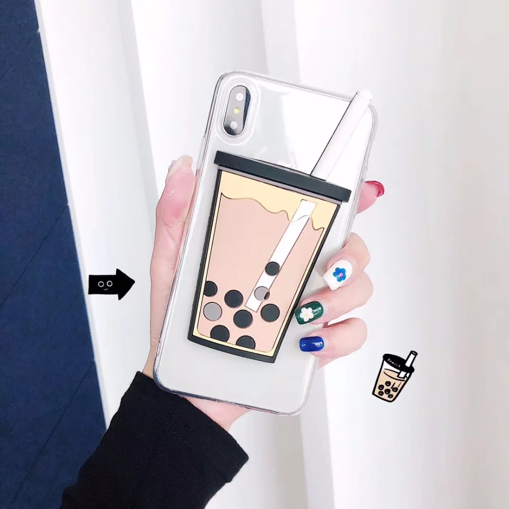 

3D Funny Milk Tea Pattern Phone Case For iphone XS Max XR X Case For iphone 6S 7 8 plus transparent Cute Cartoon Soft Cases Capa