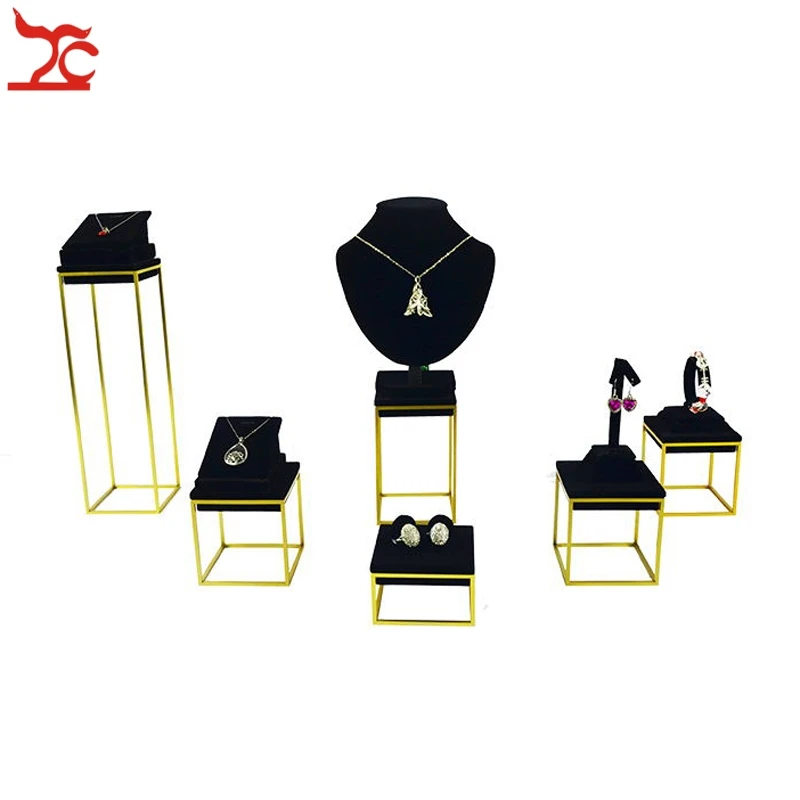 High End Stainless Steel Jewelry Display Rack Black Velvet Bangle Ring Pendant Earring Jewelry Organizer Display Holder Standkit