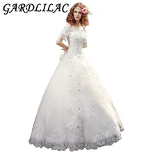 Gardlilac Hal Sleeve Ball Gown Wedding Dress with Beading Boat Neck Wedding Gown princess Bridal Dress with bow