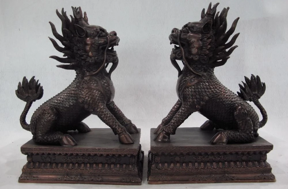 

10 Royal Palace Bronze Copper Feng Shui Guardian Foo Dog Lion Kirin kylin Pair