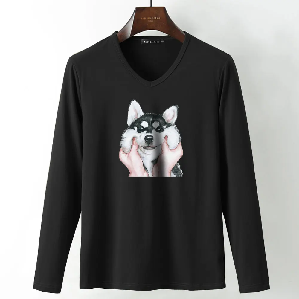Модная мужская футболка в стиле рок, одежда, футболки в стиле хип-хоп, топы с длинными рукавами, черно-белые Забавные футболки с принтом собаки, с животными, Poleras Hombre - Цвет: A67-V-Black