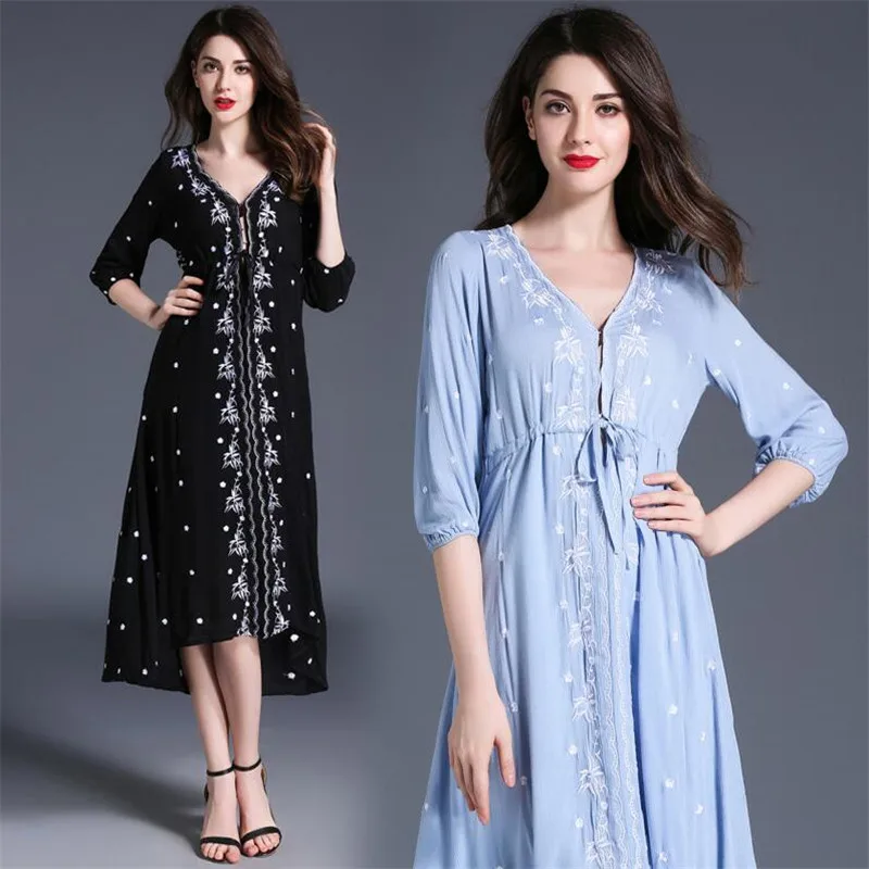 

Summer Beach Long Dresses for Women Black Embroidery V Neck Half Sleeves Placement Print Irregular Dress Vestidos Large Size 3XL
