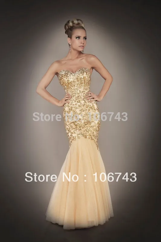 

free shipping sweetheart floor length 2015 design hot sale Sexy bridal gold gown Mermaid Beads Custom size/color prom dresses