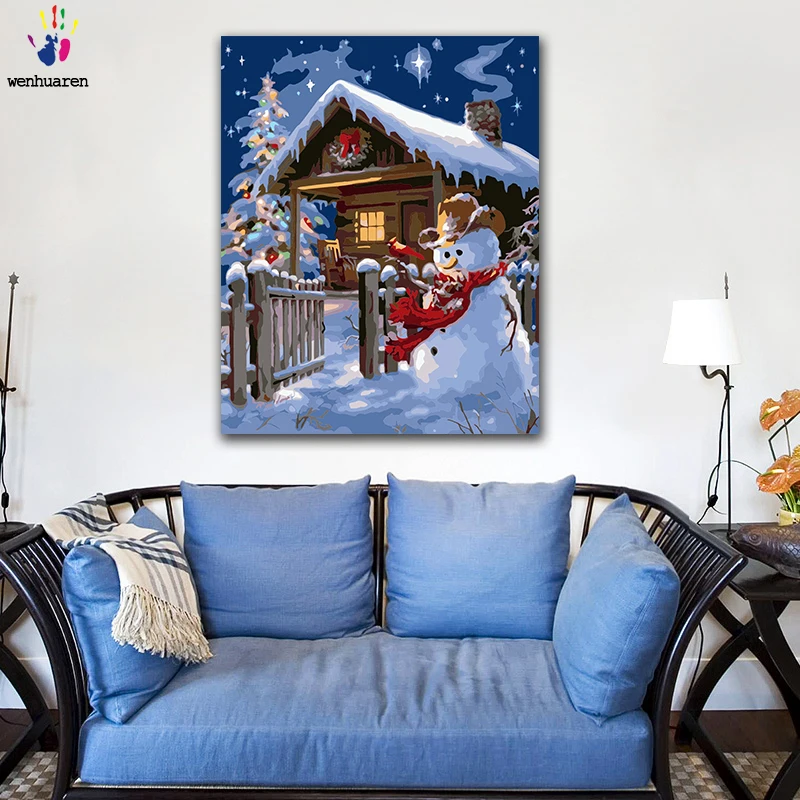 

DIY Coloring paint by numbers Christmas Snowman Cottage figure paintings by numbers with kits 40x50 framed