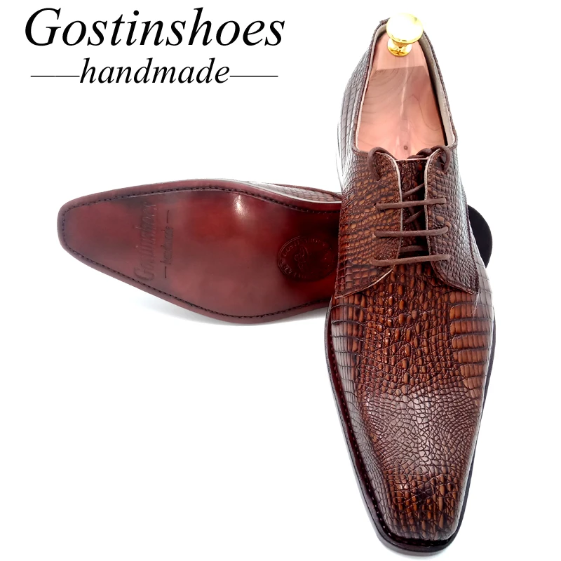 Goodyear Shoes Handmade Men Formal Oxford Shoes Elegant Solid Brown Leather Pointed Toe Dress Shoes for Wedding Office GSTN005