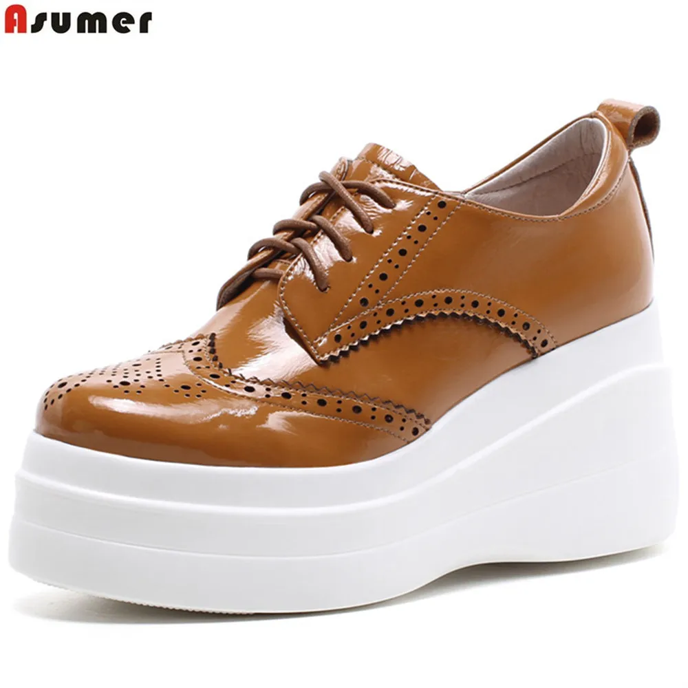 

ASUMER black brown fashion spring autumn single shoes round toe lace up platform wedges shoes for women cow patent leather shoes