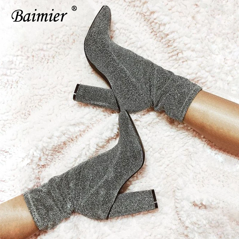 

Baimier Luxury Silver Bling Women Sock Boots Round Toe High Heel Women Boots INS Hot Style Grey Winter Ankle Boots For Women