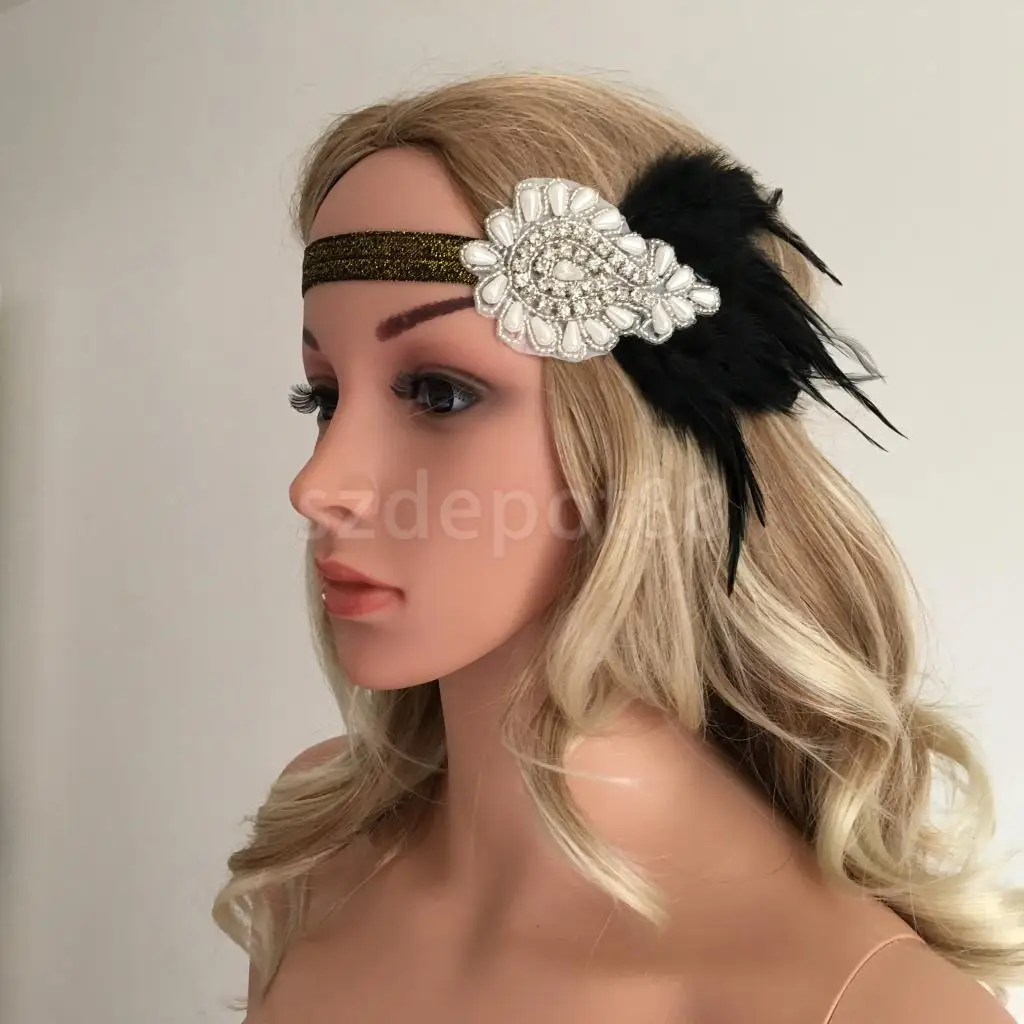 BLACK HEADPIECE FEATHER HEADBAND 1920s FANCY DRESS CHARLESTON BROW BAND FLAPPER