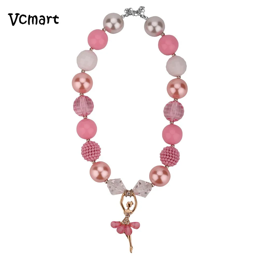 

2pcs Chunky Necklace with Dancing Girls Pendant for Women Children Pink Bubblegum Bead Choker Necklace Birthday