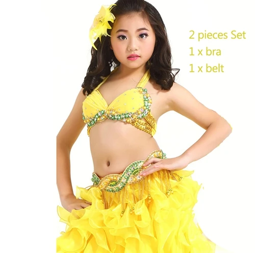 Gold bra belt Детская одежда для танца живота высшего класса, 3 предмета, Восточный Костюм, бюстгальтер, пояс, юбка для девочек, костюм для танца живота, профессиональный комплект - Цвет: Gold bra belt