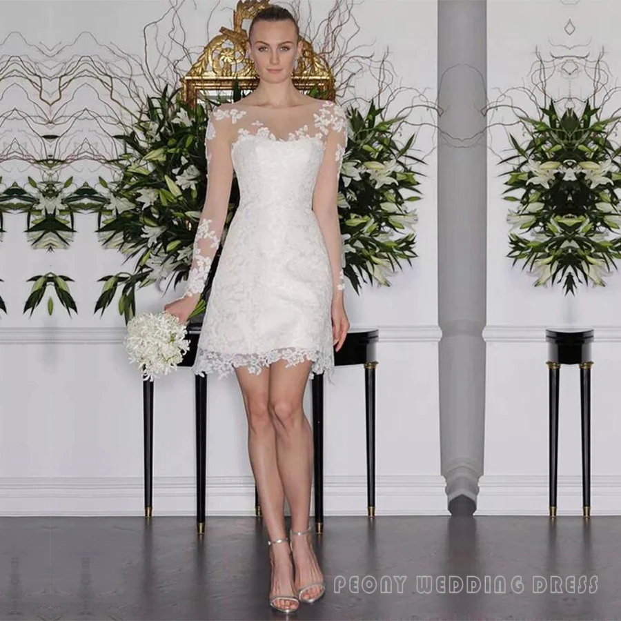 Pretty Short Sheath Lace Appliques Wedding Dresses Fashion Long Sleeve