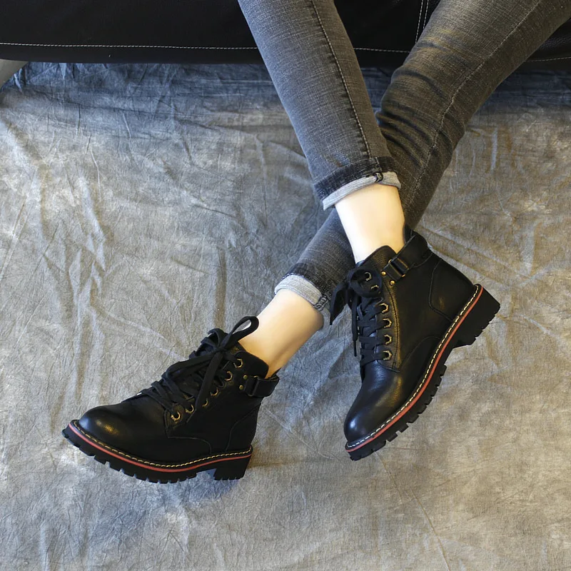 

Women Genuine Leather Martin Boots Black Low Heels Autumn Shoes 2018 Casual Leather Ankle Boots For Women Handmade White Boots